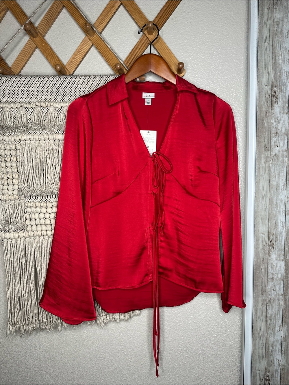 a new day Red Satin Tie-Front Long Sleeve Blouse